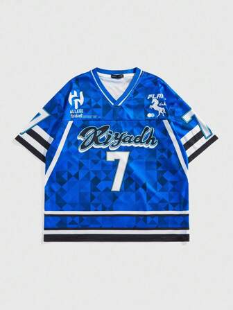 Prep Camiseta deportiva de manga corta con cuello en V y estampado geométrico numérico para hombres, adecuada para uso diario en primavera/verano