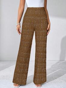 SHEIN Clasi 夏季优雅女士格纹印花弹力针织裤，适合各种场合，适合夏季度假、优雅旅行、日常通勤 - 棕色 - 查看 4