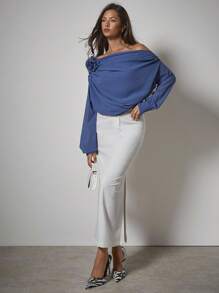 COSMINA Áo cánh ren trang trí hoa 3D trơn màu thanh lịch cho nữ, áo trễ vai, quần áo nữ mùa thu - Màu xanh lam - Xem 4