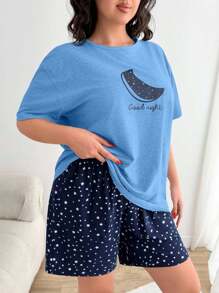 EURMUSE Plus Short Sleeve Moon With Lettered Short Sleeve And Contrast Colour Star Patten Wit H Lettuce Trim Shorts Homewear Pajama Set - Blue - View 4