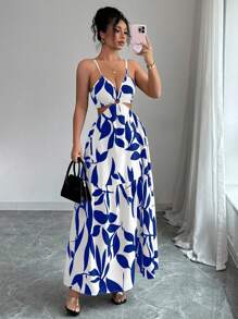 Elenzga 女装夏季新款吊带收腰花卉印花连衣裙（不对称花卉图案）