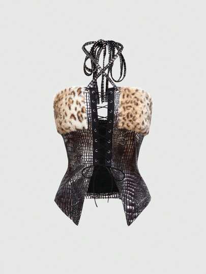 J-Fashion Top de mujer con correa y cadena de pelusa, estilo Y2K Harajuku Gyaru Punk Ageha Himekaji, para otoño/invierno