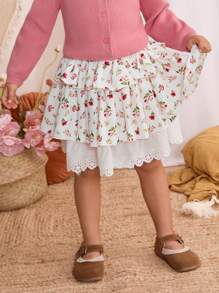 Blossori Falda midi holgada de cintura elástica con estampado floral pequeño en rosa suave, para niñas, primavera/verano - Multicolor - Ver 3