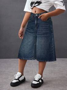 SHEIN 青少年女孩 Y2K 时尚休闲百搭街头服饰浅蓝色复古洗水牛仔宽松高腰百慕大短裤牛仔宽松长短阔腿牛仔裤，夏季海滩波西米亚风度假音乐会节日休闲狂欢，早午餐教堂毕业，街头服饰返校 - 藍色 - 查看 6