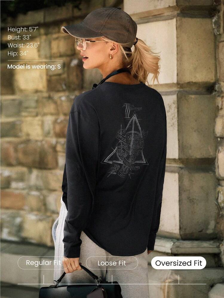 X Harry Potter The Deathly Hollows Lightweight Soft Stretchy Oversized Asymmetrical Graphic Long Sleeve Daily Casual Wear