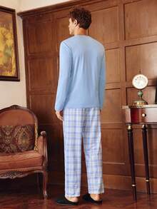 男士纯色长袖上衣和格子长裤睡衣套装 男士睡衣套装 格子睡衣套装 浅蓝色睡衣套装 男士家居服套装 男士睡衣，冬季服装 - 彩色 - 查看 2