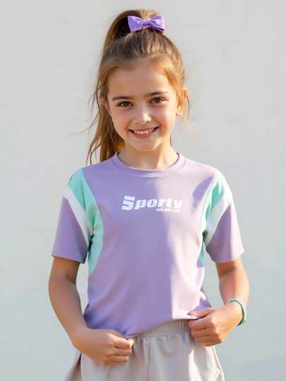 JNSQ Camiseta de manga corta casual para deportes al aire libre de vuelta al colegio, camiseta de cuello redondo para niños con parches, contraste de colores y estampado de letras divertidas para ocio y deportes al aire libre