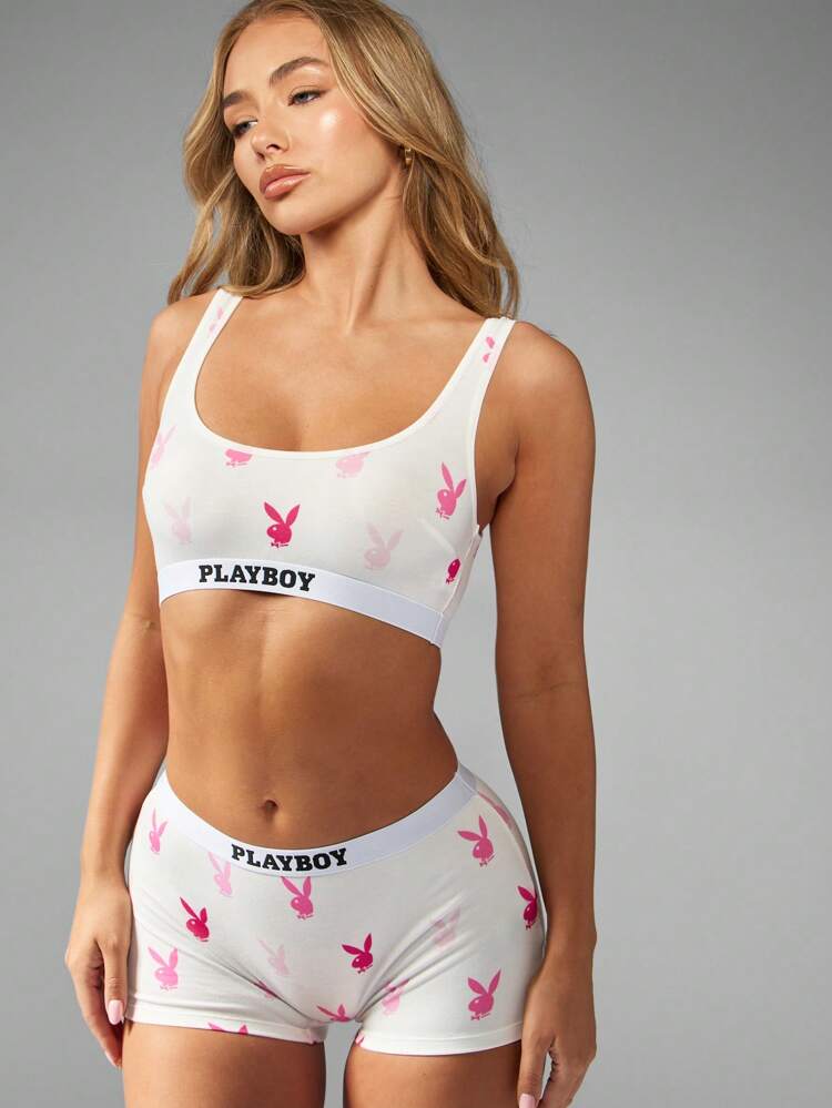 Missguided x Playboy 토끼 프린트 디자인 패턴의 부드럽고 통기성 있는 매칭 언더웨어 세트 홈웨어 여름 봄 편안함이 있는 클래식 브라렛 보이숏 세트