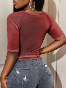 BamGleam 休闲时尚百搭修身女式短袖 T 恤，夏季 - 酒紅色 - 查看 2