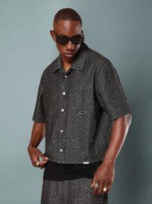 SUMWON Sparkle Denim Button Down Shirt Galaxy Star Pattern Short Sleeve Streetwear Festival Concert Casual Lightweight Party Night Out Sparkly Summer Spring Plain - Black - View 6