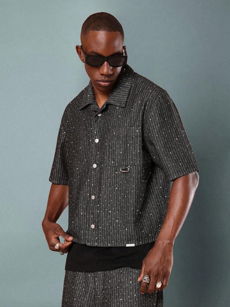 Sparkle Denim Shirt With Star Pattern And Short Sleeves