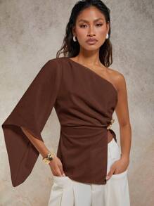 COSMINA Damen elegante Bluse mit Metalldekor, geraffter schräger Schulter, Frühling/Sommer - Braun - Übersicht 5