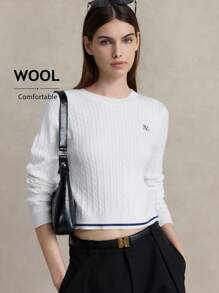 Briarwyn Maglione da donna con grafica a lettere, girocollo, maniche lunghe, bianco e blu, autunnale, elegante e raffinato, scuola, ritorno a scuola, preppy, laurea - Bianco - Visualizzare 2