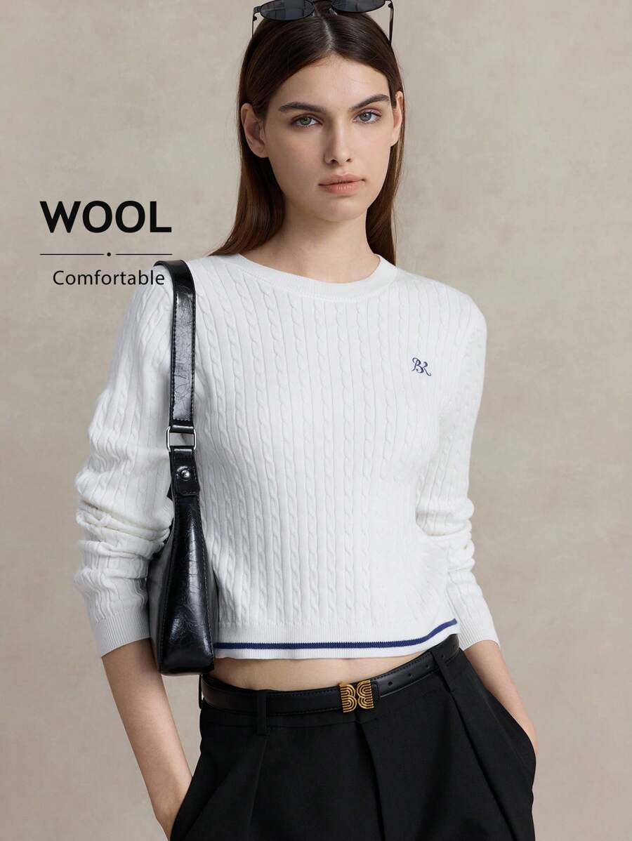 Briarwyn Maglione da donna con grafica a lettere, girocollo, maniche lunghe, bianco e blu, autunnale, elegante e raffinato, scuola, ritorno a scuola, preppy, laurea