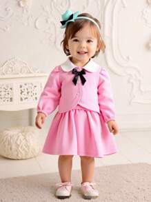 SHEIN Niña bebé, otoño e invierno, dama rosa, elegante, noble, lujoso, lujoso, lujoso, lujoso, blusa de manga larga con cuello blanco, top con hebilla de encaje dorado y falda larga rosa son adecuados para ir de compras, jugar, asistir a fiestas, reuniones y cocina occidental en otoño - Rosa - Ver 1