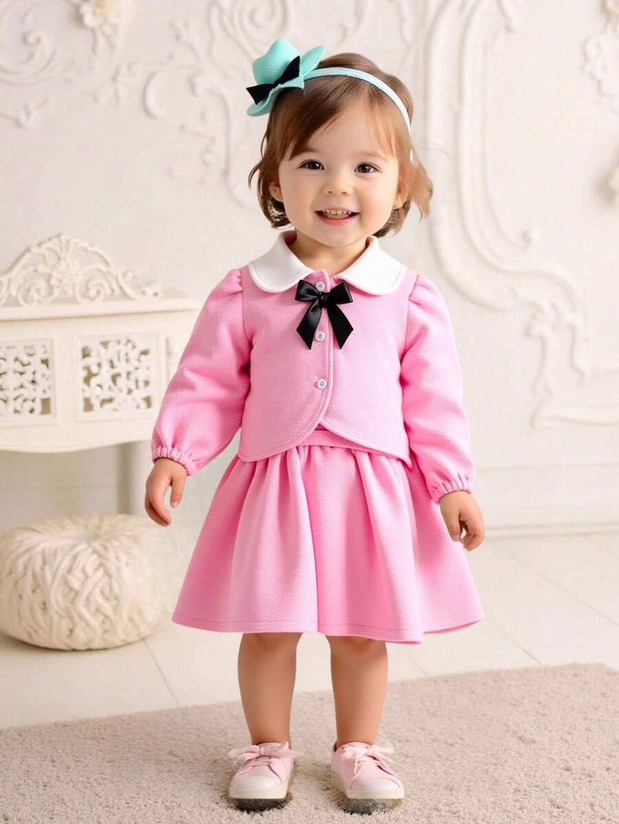 SHEIN Niña bebé, otoño e invierno, dama rosa, elegante, noble, lujoso, lujoso, lujoso, lujoso, blusa de manga larga con cuello blanco, top con hebilla de encaje dorado y falda larga rosa son adecuados para ir de compras, jugar, asistir a fiestas, reuniones y cocina occidental en otoño - Rosa - Ver 1