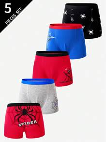 5pcs/Pack Teen Boy Minimalist Fashion Retro Cotton Colorful Spider Print Soft Comfortable Boxer Briefs Boys Boxers Briefs Packs, Back To School Fashion Boys Boxer Briefs Packs Back To School Fashion