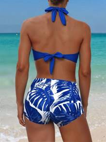 Swim Lushoire Women's Solid Color Top And Printed Short Bikini Set For Summer Beach Vacation - Blue - View 2