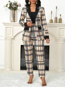 SHEIN Lady Plus Size Plaid Print Stitching Black Collar Women's Suit Jacket Women's Trousers Autumn And Winter Daily Work Party Suit Women's Two Pieces Suit,Fall Clothes For Women Plaid Two Piece Set Women Suit Sets Two Piece Sets Women Long Sleeve Two Piece Set Office Outfits For Women Fall Clothes For Women Vacation Outfits Woman Beach Outfits For Woman - Multicolor - View 5
