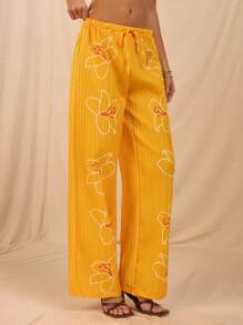 SHEIN Forever 21 春夏女士浪漫/舞会/正式/生日/90 年代/商务休闲女士/优雅/西部装/外出/时尚/休闲/Y2K/俱乐部/办公室/鸡尾酒会/复古/狂欢节/有趣/优雅/老钱/街头服饰/度假/乡村音乐会/工作/端庄/春假/单身派对/音乐会/坏人/基本款/毕业/低腰宽松直筒花裤 - 黃色 - 查看 8