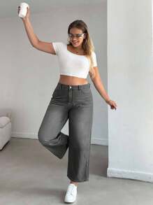 EURMUSE 大码弹性腰部膝盖褶皱直筒牛仔裤 - 淺灰色 - 查看 7