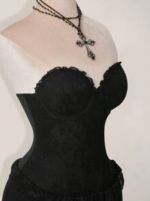 SHEIN ICON Robe ras-du-cou à la taille avec dentelle contrastée, robe en maille noire - Noir - Voir 5