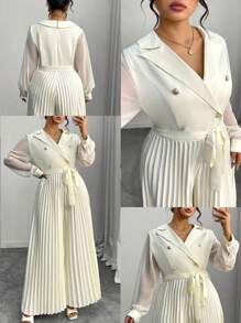 Elenzga 1 pièce Combinaison longue plissée à manches longues en mousseline de soie avec empiècement, amincissante à la taille, élégante tenue décontractée chic pour femmes grandes tailles. Vêtement d'automne pour femmes grandes tailles - Nude - Voir 1