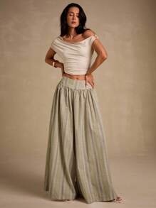 Glamine 女款杏色条纹低腰阔腿裤，时尚度假风 - 彩色 - 查看 6