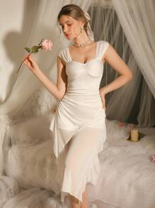 DelicateAllure 女式性感网眼荷叶边开衩睡袍 - 白色 - 查看 4