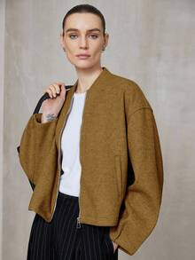 Aveloria Modichic Minimalist Fashionable Business Casual Short Solid Color Loose Elegant Zip-Up Jacket For Women, Autumn/Winter  - Yellow - View 4