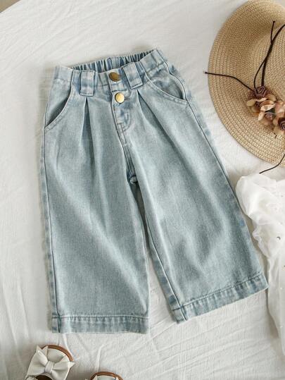 SHEIN Vintaside Kids Baby Girls' New Vintage Washed Loose Fit Wide Leg Jeans, Fashionable Casual Design With Pleated Waistband And Wide Leg, Comfortable And Stylish For Daily Wear, Minimalist And Versatile Fall Winter