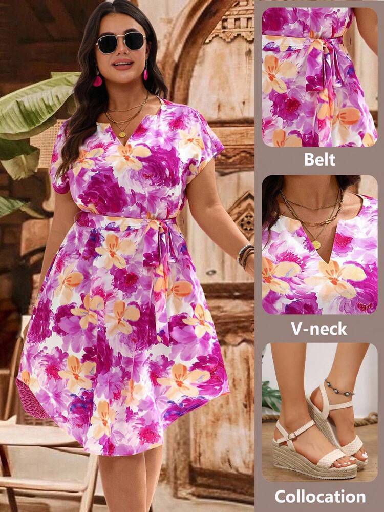 Plus Size V-Neck Sleeveless Floral Print Belted Dress,Plus Size Women Clothes,Suitable For Early Autumn,Going Out Outfits,Western Outfits ,Women Vacation Outfits Women, Plus Size Floral Dress, Minimalist Style For Everyday Wear,Tropical Vacation Outfits For Women,Resort Clothing,Going Out Outfits