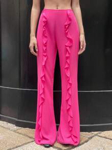 GENKIRA 玫红色雪纺荷叶边下摆女裤 - 玫紅色 - 查看 2