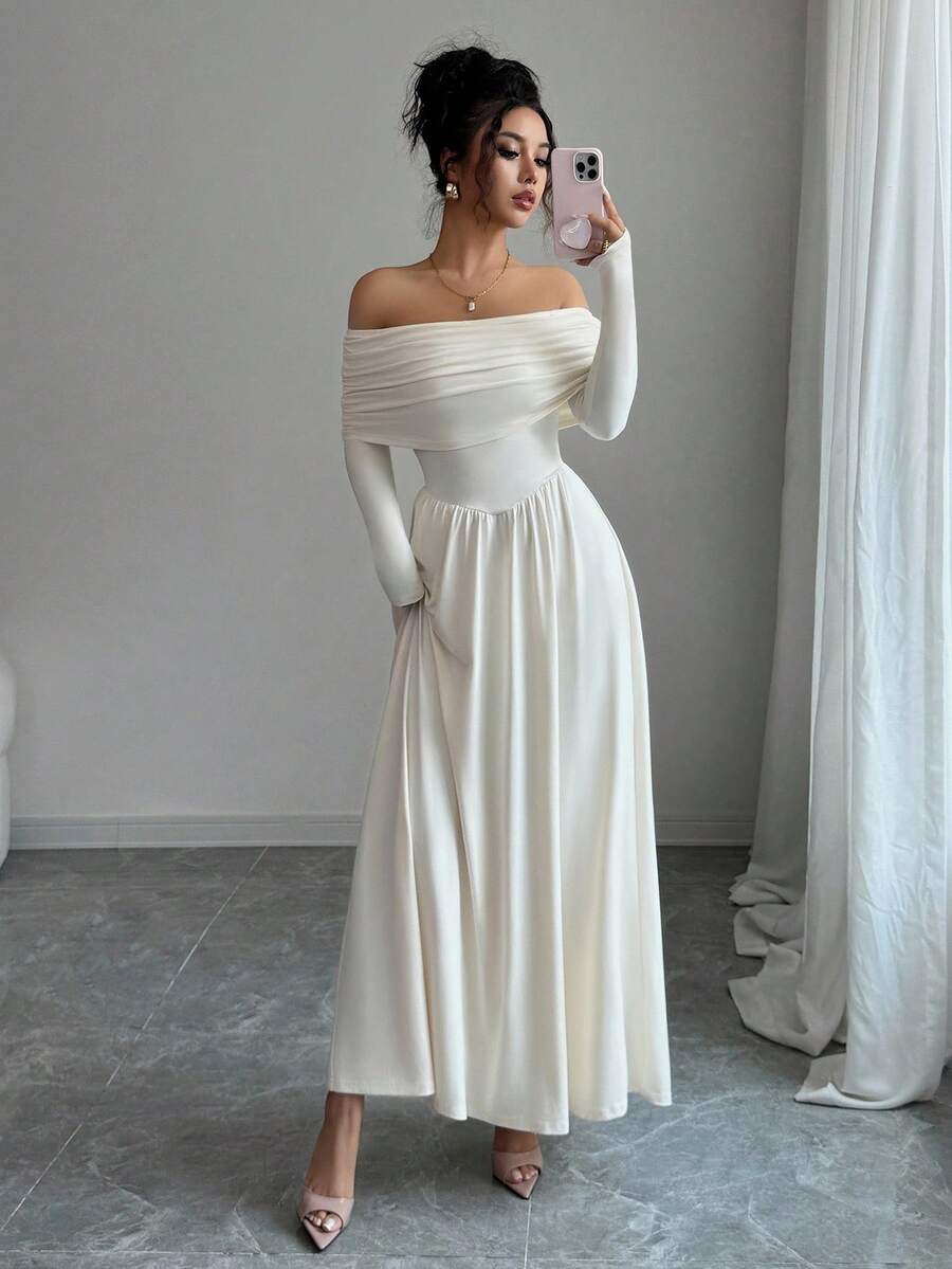 Elenzga Vestido largo de mujer elegante de un solo color con hombros descubiertos - Albaricoque - Ver 1
