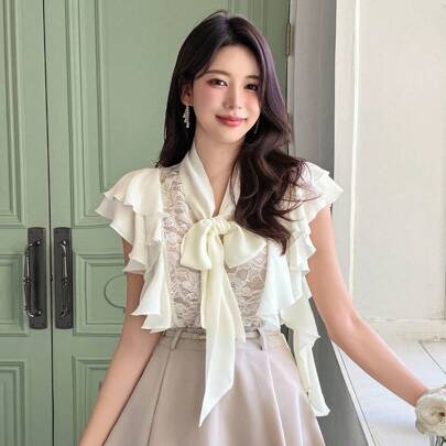 여성용 우아한 레이스 패치워크 러플 트림 블라우스