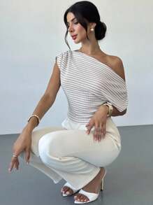 Firerie 女式纹理条纹不对称不对称领口蝙蝠袖T恤上衣，条纹女式衬衫，适合春夏秋季通勤优雅休闲日常工作穿着 - 杏色 - 查看 8