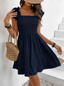 SHEIN Frenchy Women's Solid Color Boat Neck Cap Sleeve Short Vacation Dress,Casual Dresses For Women