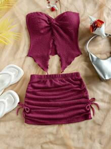 SHEIN Tween Girl Loose Casual Minimalist Comfortable Asymmetric Hem Tank Top And Skirt 2 Pieces Set