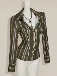 SHEIN ICON 休闲通勤条纹腰长袖衬衫 - 彩色 - 查看 6