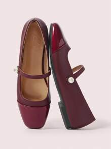 CUCCOO DOLLMOD أحذية باليه مسطحة للنساء ذات فص مربع لون بوردو مزينة بخرز اصطناعي، حزام كاحل، مريحة للتنقل والحفلات والتسوق والعطلات في عيد الميلاد - عنابي اللون - مشاهدة 2
