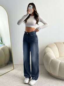 EURMUSE Jeans droits à taille haute lavés pour femmes - Jean brut - Voir 6