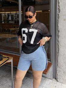 Dripcurv Pantaloni scurți skinny din denim pentru femei, mărime plus, casual, de vară, la modă, cu ciucuri, decorați cu ciucuri - Albastru - Vizualizare 5