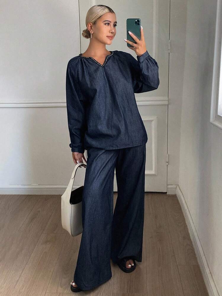 2pcs Women Rhinestone Trim V-Neck Long Sleeve Top And Loose Fit Pants Casual Denim Suit, Vacation Style