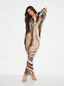 KIZN 复古波浪长袖网眼长裙抽象印花全长晚会秋冬修身及地长礼服