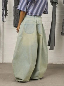 COUREZ 低腰灯笼裤牛仔裤，浅蓝色水洗街头休闲 Y2K 休闲音乐节棉质牛仔布