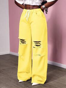 SHEIN SXY 休闲纯色破洞阔腿牛仔裤 - 黃色 - 查看 4