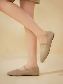 CUCCOO BASICS 女士尖头杏色平底舒适透气针织松紧带一脚蹬休闲平底鞋 - 杏色 - 查看 9