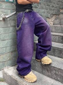 Manfinity EMRG 休闲时尚百搭阔腿纽扣个性男士牛仔裤 - 紫色 - 查看 3