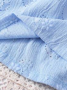 2 件婴幼儿女童甜美休闲度假时尚简约舒适花卉镂空纹理面料 3D 蝴蝶结装饰荷叶边下摆短袖中长连衣裙和可爱太阳帽套装，春夏新品，适合户外度假 - 藍色 - 查看 6