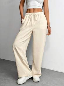 SHEIN PETITE Women's Beige Casual Basic Wide Leg Pants ,Petite Women - Beige - View 3